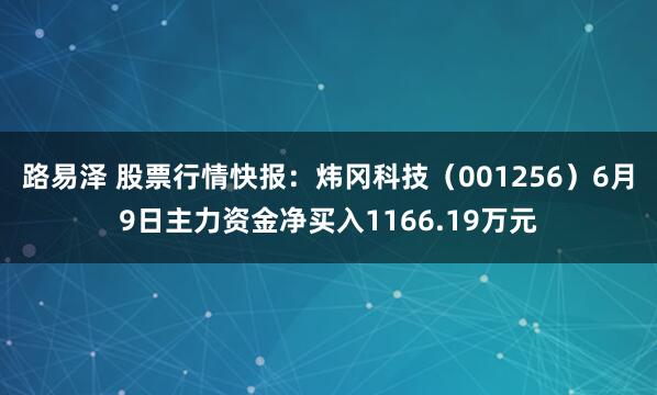 路易泽 股票行情快报：炜冈科技（001256）6月9日主力资金净买入1166.19万元